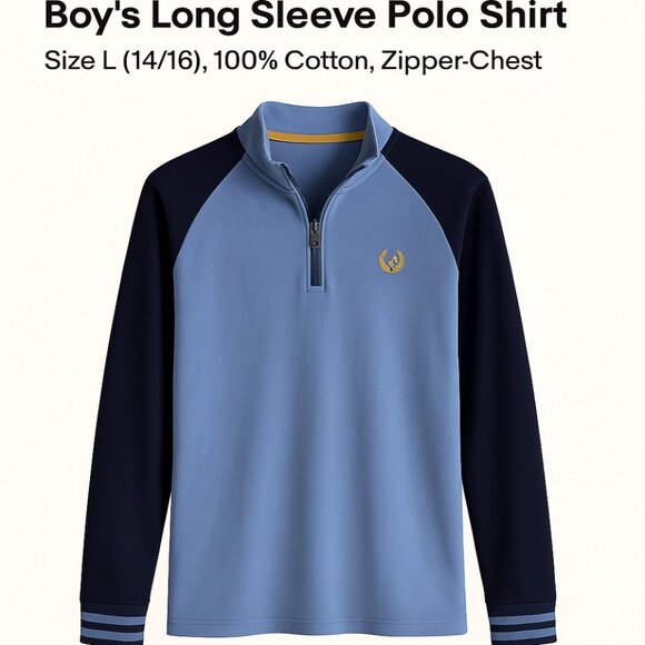 Chaps Boys Long Sleeve Two-Tone Polo Shirt 100% Cotton Stand-Up Collar L (14/16) - Picture 1 of 6